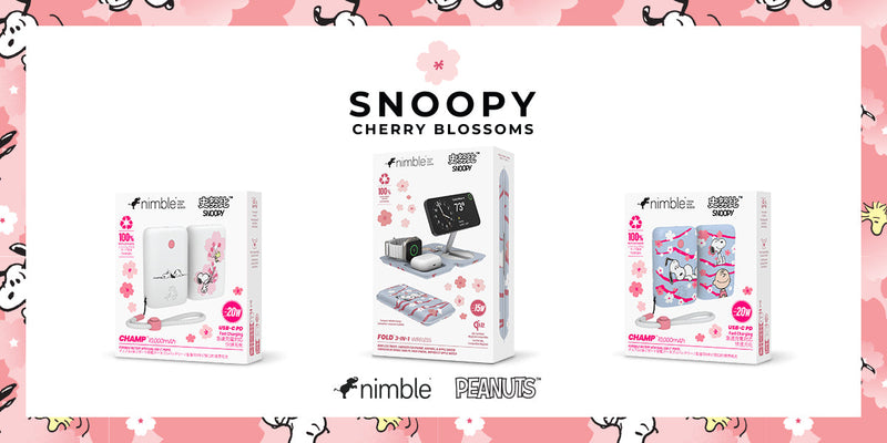 Banner with packaging for 3 nimble products featuring Snoopy Cherry Blossom art. Text reads Snoopy Cherry Blossoms Nimble Peanuts