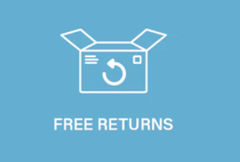 Icon of an open box with a recycling symbol and text Free Returns.