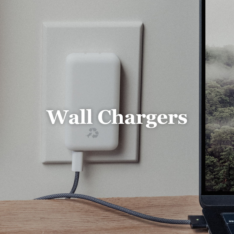 Image of Wally Ultra Wall Charger connected to Macbook on wood surface. Wall Chargers text overlay.