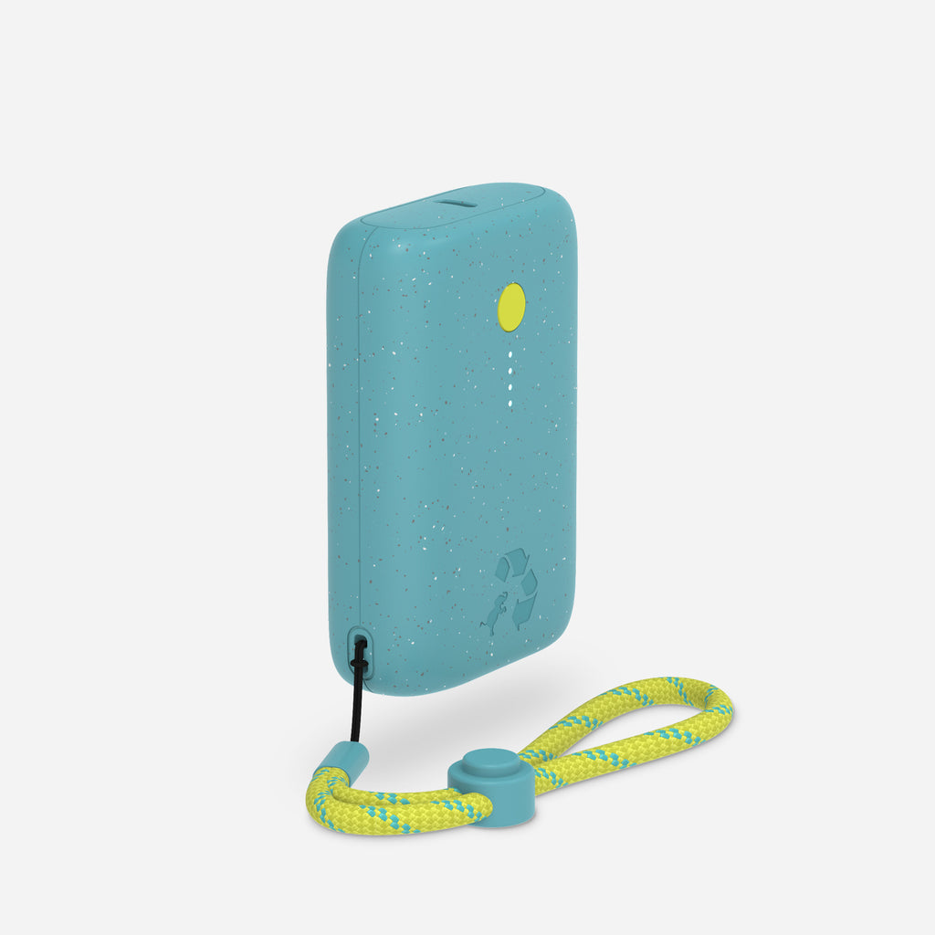 Three-quarter view of light blue portable charger with yellow lanyard.