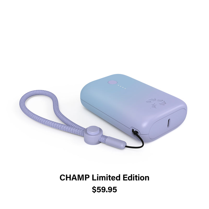 Glacial Lavender Portable Charger laying on white surface and text CHAMP Limited Edition $59.95