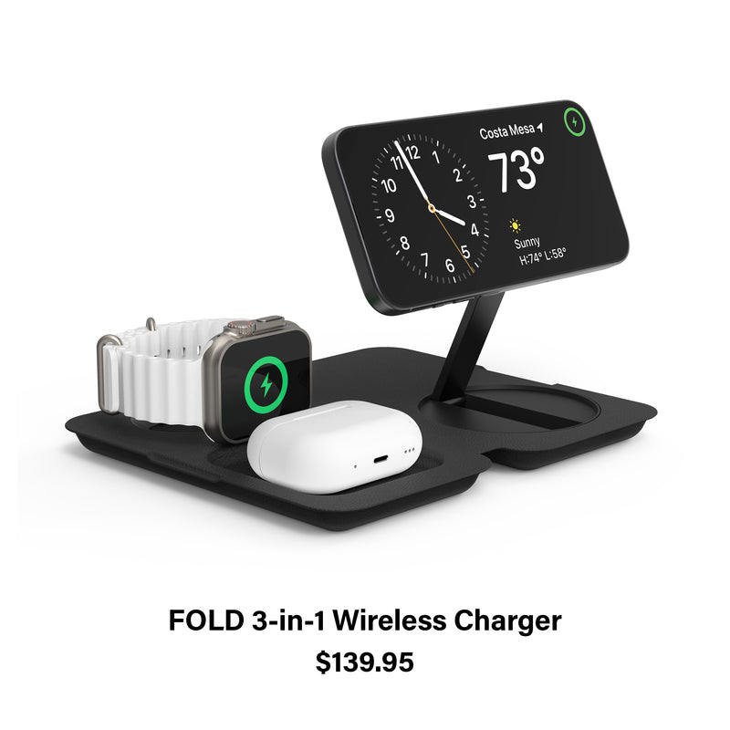 Black Fold 3-in-1 Wireless Charging with iPhone, AirPods, Apple Watch charging on white surface and text FOLD 3-in-1 Wireless Charger $139.95