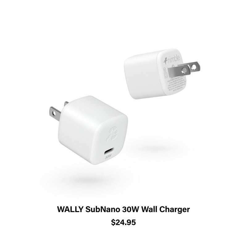 Two Wally SubNano 30W Wall Chargers floating slightly above white surface and text WALLY SubNano 30W Wall Charger $24.95