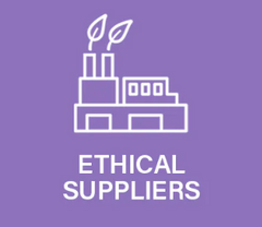 Icon representing ethical suppliers with a factory and leaves.