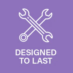 Icon representing durability with crossed wrenches and the text DESIGNED TO LAST.