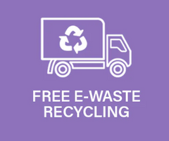 Icon of a recycling truck with the text FREE E-WASTE RECYCLING.